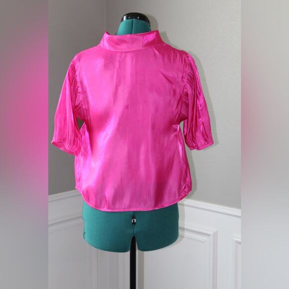 TCEC Women’s Blouse | Hot Pink Satin-Look | Puff Sleeve Button Front | Size M - Picture 4 of 5